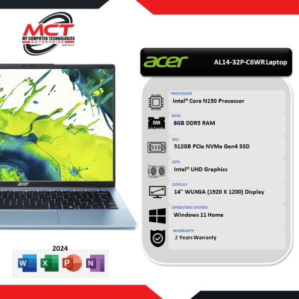 Acer Aspire Lite 14 AL14-32P-C6WR 14" WUXGA Laptop Fresh Blue (N150, 8GB DDR5, 512GB SSD, Intel UHD, W11, HS+M365, 2Y)