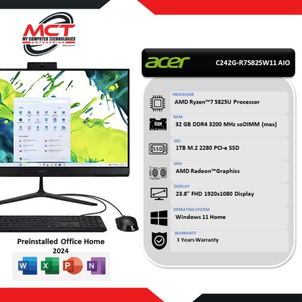 Acer Aspire C242G-R75825W11 23.8" FHD All-In-One Desktop PC (R7-5825U, 32GB DDR4, 1TB SSD, AMD RADEON, W11, HS+M365, 3Y)