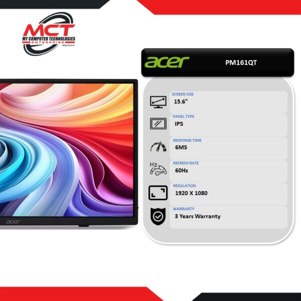 Acer PM161QT 15.6" FHD 60Hz Touch Portable Monitor (1920 X 1080/15.6"/IPS/6MS/60HZ/3 YEARS WARRANTY)
