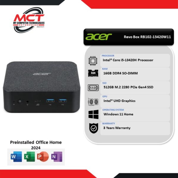 Acer Aspire Revo Box RB102-13420W11 (I5-13420H, 16GB DDR4, 512GB SSD, Intel UHD, W11, HS+M365, 3Y)