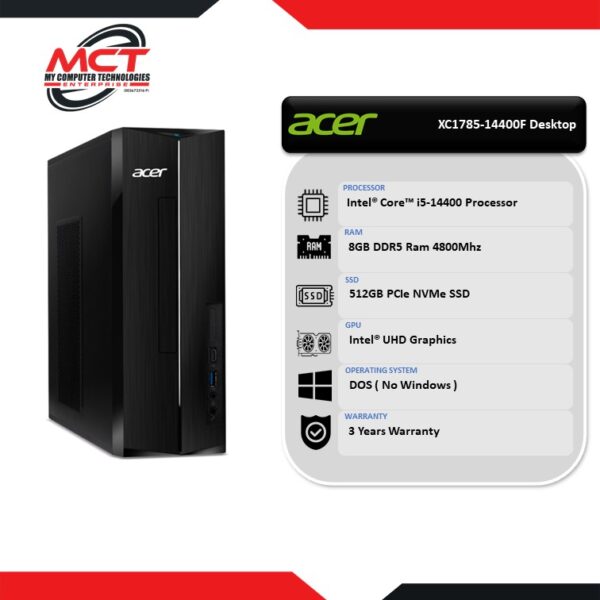 Acer Aspire XC1785-14400F Desktop PC Black (I5-14400, 8GB DDR5, 512GB SSD, Intel, DOS, 3Y)