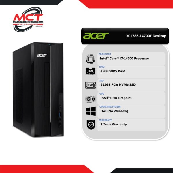 Acer Aspire XC1785-14700F Desktop PC Black (I7-14700, 8GB DDR5, 512GB SSD, Intel, DOS, 3Y)