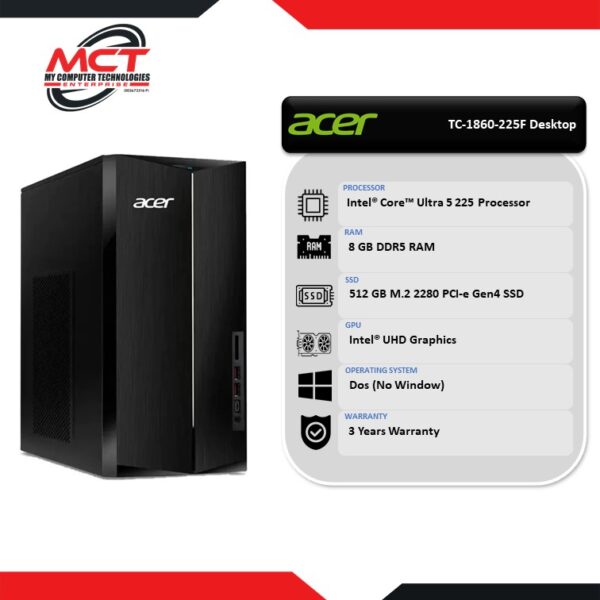 Acer Aspire TC-1860-225F Desktop PC Black (CU5-225, 8GB DDR5, 512GB SSD, Intel, DOS, 3Y)