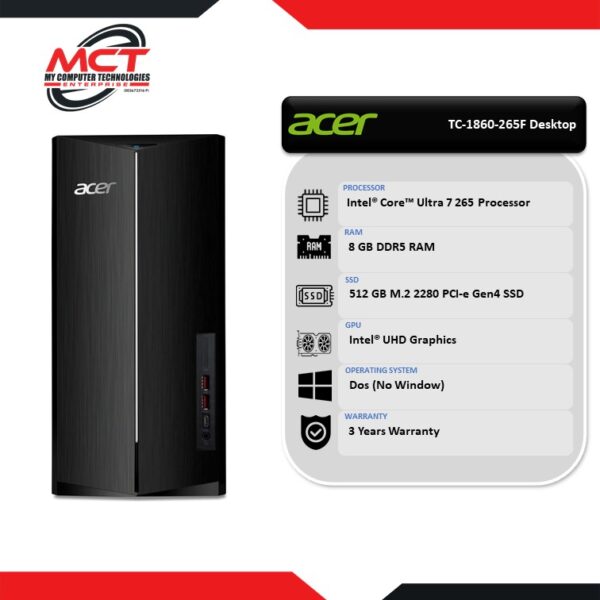 Acer Aspire TC-1860-265F Desktop PC Black (CU7-265, 8GB DDR5, 512GB SSD, Intel UHD, DOS, 3Y)