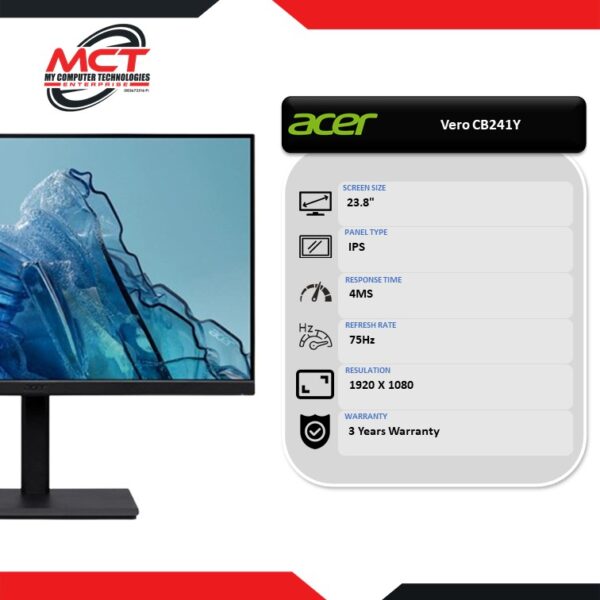 Acer Vero CB241Y 23.8" FHD 75Hz IPS Productivity Monitor (1920 X 1080/23.8"/IPS/4MS/75HZ/3 YEARS WARRANTY)