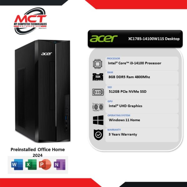 Acer Aspire XC1785-14100W11S Desktop PC Black (I3-14100, 8GB DDR5, 512GB SSD, Intel UHD, W11, HS, 3Y)
