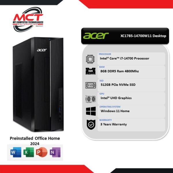 Acer Aspire XC1785-14700W11 Desktop PC Black (I7-14700, 8GB DDR5, 512GB SSD, Intel UHD, W11, HS, 3Y)