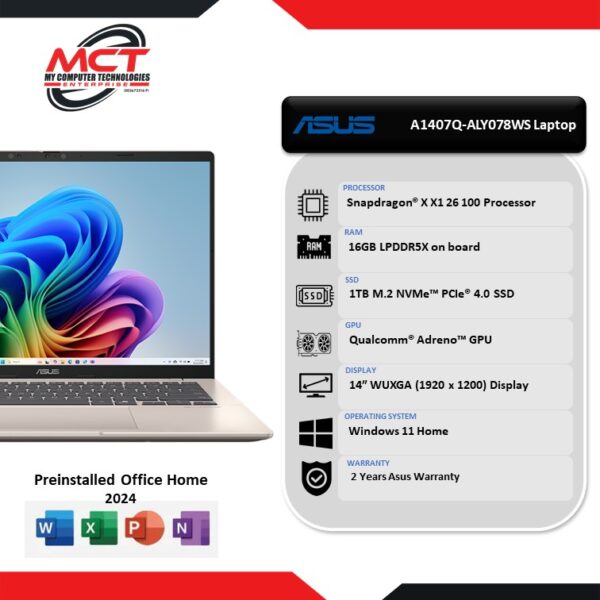 Asus Vivobook 14 A1407QA 14″ WUXGA Laptop Gold Color (Snapdragon X X1 26 100, 16GB, 1TB, Qualcomm, W11, HS+M365, 2Y)