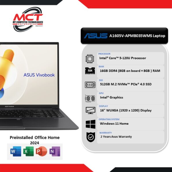 Asus Vivobook 16 A1605V-APMB035WMS 16" WUXGA Laptop Indie Black (C5-120U, 16GB DDR4, 512GB SSD, Intel, W11, HS+M365, 2Y)