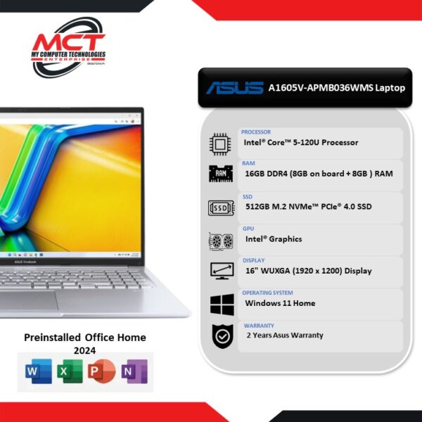 Asus Vivobook 16 A1605V-APMB036WMS 16" WUXGA Laptop Indie Black (C5-120U, 16GB DDR4, 512GB SSD, Intel, W11, HS+M365, 2Y)