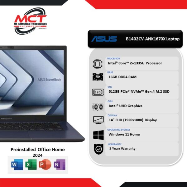 Asus ExpertBook B1 B1402CV-ANK1670X 14" FHD Laptop Black (I5-1335U, 16GB DDR4, 512GB SSD, Intel UHD, W11H, HS+M365, 3Y)