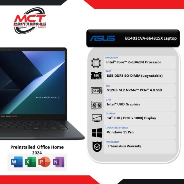 ASUS ExpertBook B1403CVA-S64315X 14" FHD Laptop Grey Color (I5-13420H, 8GB DDR5, 512GB SSD, Intel UHD, W11, 3Y)