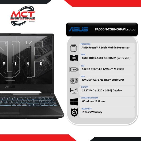Asus TUF Gaming A15 FA506N-CGHN069W 15.6'' FHD 144Hz Gaming Laptop Graphite Black (R7-7445HS, 16GB DDR5, 512GB SSD, RTX3050, W11, 2Y)