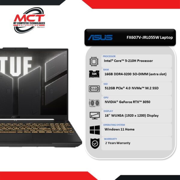 Asus TUF F16 FX607V-JRL055W 16" FHD 144Hz Gaming Laptop Mecha Gray (C5-210H, 16GB DDR4, 512GB SSD, RTX3050, W11, 2Y)