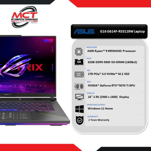 Asus ROG Strix G16 G614F-RS5119W 16'' 2.5K 240Hz Gaming Laptop Volt Green (R9-9955HX3D, 32GB DDR5, 1TB SSD, RTX 5070TI, W11, 2Y)