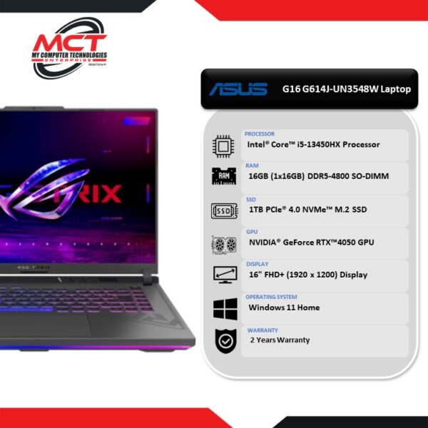 Asus ROG Strix G16 G614J-UN3548W 16'' FHD+ 165Hz Gaming Laptop Eclipse Gray (I5-13450HX, 16GB DDR5, 1TB SSD, RTX 4050, W11, 2Y)