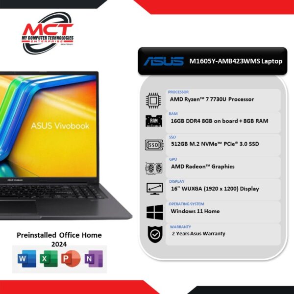 Asus Vivobook 16 M1605Y-AMB423WMS 16" WUXGA Laptop Indie Black (R7-7730U, 16GB DDR4, 512GB SSD, AMD REDEON, W11, HS+M365, 2Y)