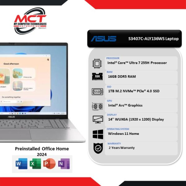 Asus VivoBook S 14 S3407C-ALY136WS 14'' WUXGA Laptop Silver  (CU7-255H, 16GB DDR5, 1TB SSD, INTEL ARC, W11, HS+M365, 2Y)