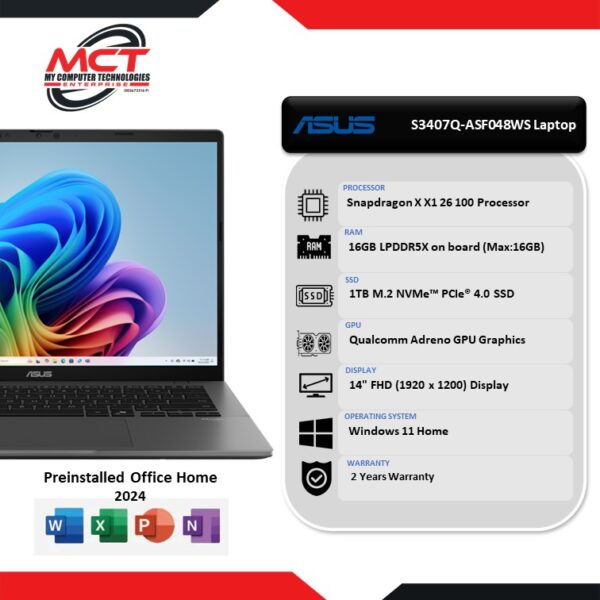 Asus VivoBook S 14 OLED S3407Q-ASF048WS 14" FHD Laptop Matte Gray (SD-X1-26-100, 16GB LPDDR5X, 1TB SSD, Qualcomm, W11, HS+M365, 2Y)