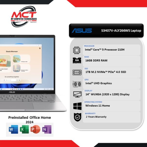 Asus VivoBook S 14 S3407V-ALY266WS 14" WUXGA Laptop Cool Silver (C5-210H, 16GB DDR5, 1TB SSD, Intel UHD, W11, HS+M365, 3Y)