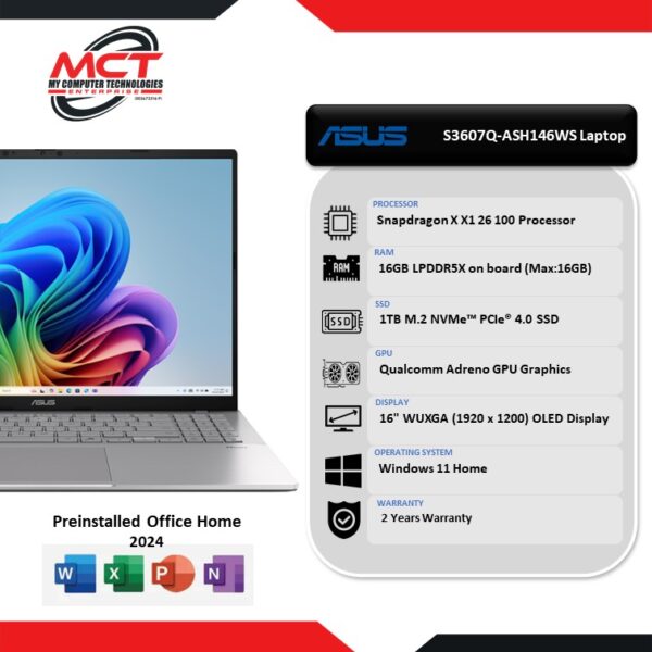 Asus VivoBook S 16 OLED S3607Q-ASH146WS 16" WUXGA Laptop Cool Silver (SD-X1-26-100, 16GB LPDDR5X, 1TB SSD, Qualcomm, W11, HS+M365, 2Y)