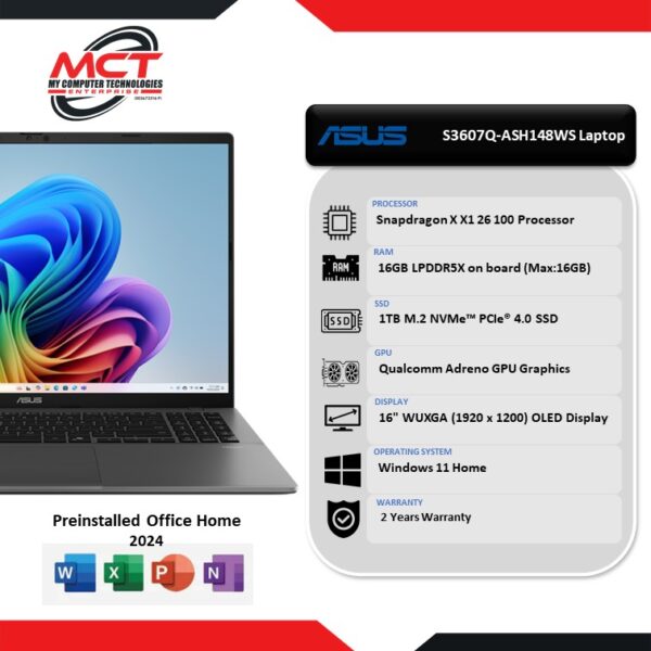 Asus VivoBook S 16 OLED S3607Q-ASH148WS 16" WUXGA Laptop Matte Gray (X1 26 100, 16GB LPDDR5X, 1TB SSD, Qualcomm, W11, HS+M365, 2Y)