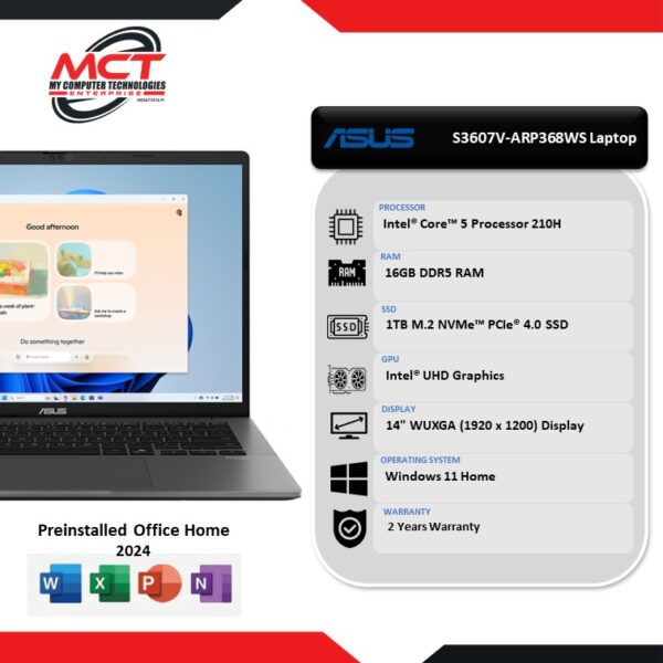 Asus VivoBook S 16 S3607V-ARP368WS 16'' WUXGA Laptop Matte Gray (C5-210H, 16GB DDR5, 1TB SSD, Intel UHD, W11H, HS+M365, 2Y)