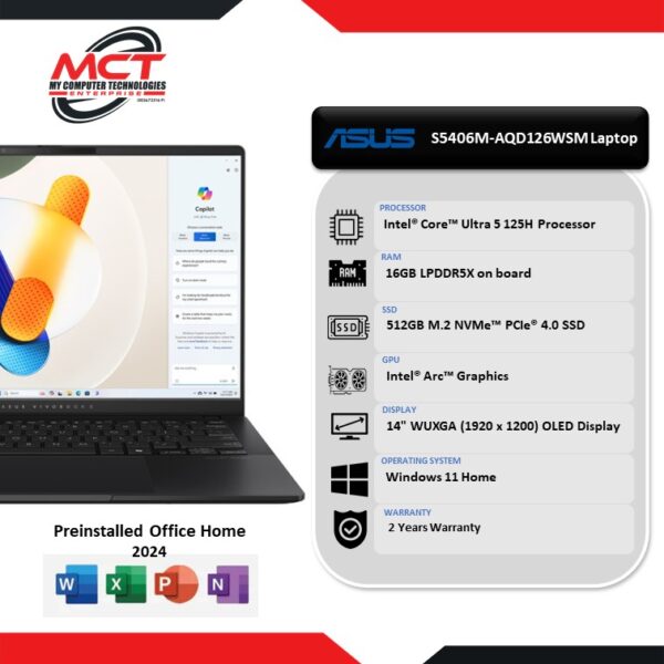 Asus VivoBook S 14 OLED S5406M-AQD126WSM 14'' WUXGA Laptop Neutral Black (CU5-125H, 16GB LPDDR5X, 512GB SSD, Intel, W11, HS+M365, 2Y)