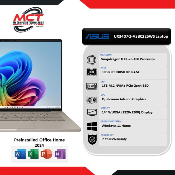 ASUS ZENBOOK A14 UX3407Q-ASB0226WS 14" WUXGA Laptop Beige (SD-X1-26, 32GB LPDDR5X, 1TB SSD, QUALCOMM, W11, HS+M365, 2Y)