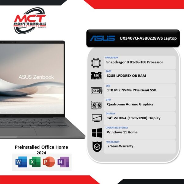 ASUS ZENBOOK A14 UX3407Q-ASB0228WS 14" WUXGA Laptop Gray (SD-X1-26, 32GB LPDDR5X, 1TB SSD, QUALCOMM, W11, HS+M365, 2Y)