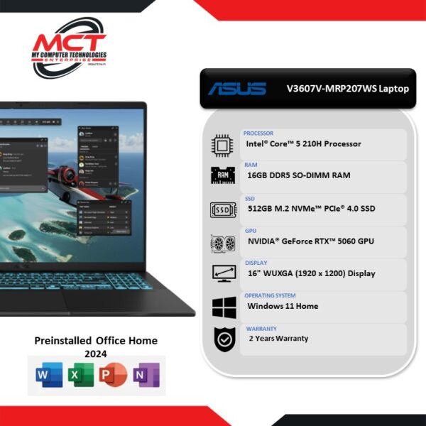 Asus V16 V3607V-MRP207WS 16'' WUXGA Gaming Laptop Black (C5-210H, 16GB DDR5, 512GB SSD, RTX5060 8GB, W11, HS+M365, 2Y)