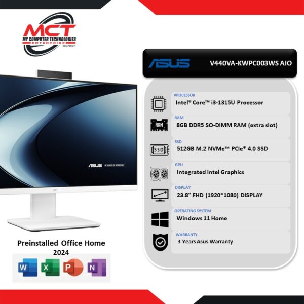 Asus AIO V440VA-KWPC003WS 23.8" FHD All-In-One Desktop PC White ( I3-315U, 8GB DDR5, 512GB SSD, Intel, W11, HS+M365, 3Y)