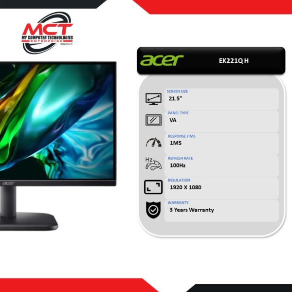 Acer EK221Q H 21.5" FHD 100Hz VA Productivity Monitor (1920 X 1080/21.5"/VA/1MS/100HZ/3 YEARS WARRANTY)