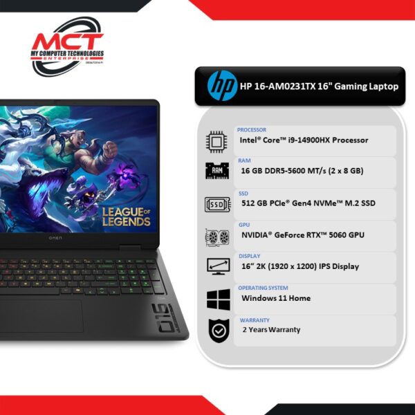 HP Omen 16-AM0231TX 16" 2K 165 Hz Gaming Laptop Black (I9-14900HX, 16GB DDR5, 512GB SSD, W11, 2Y )