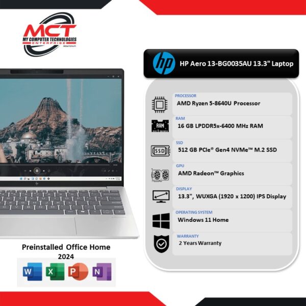HP Pavilion AERO 13-BG0035AU 13.3" WUXGA Laptop (R5-8640U, 16GB LPDDR5X, 512GB SSD, H&S, W11, 2Y )