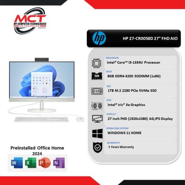 HP 27-CR0058D 27" FHD All-in-One Desktop PC Shell White ( i5-1334U, 8GB, 1TB SSD, Intel, W11, 3Y)