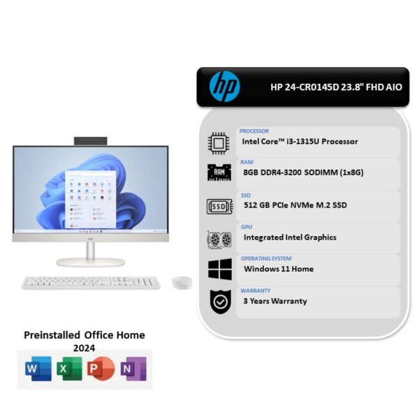 HP 24-cr0145d 23.8" FHD All-in-One Desktop PC Shell White ( i3-1315U, 8GB, 512GB SSD, Intel, W11,3Y)