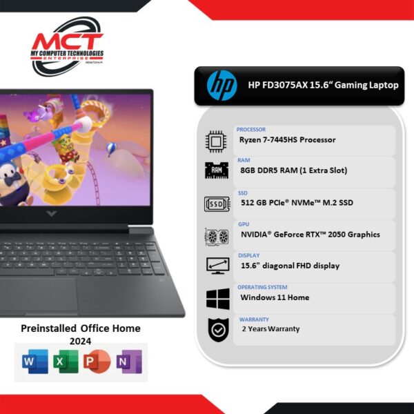 HP Victus 15-fb3075AX 15.6" FHD 144Hz Gaming Laptop Mica Silver ( R7 7445HS, 8GB DDR5, 512GB SSD, RTX2050 4GB, W11, HS+M365, 2Y )