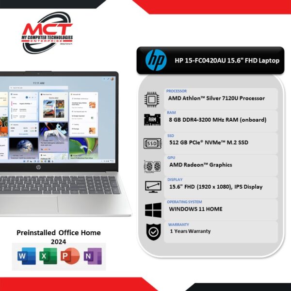 HP 15-fc0420AU 15.6" FHD Laptop ( Athlon 7120U, 8GB, 512GB SSD, ATI, W11,1Y)