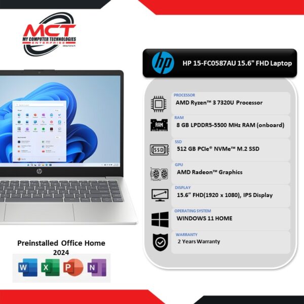 HP 15-FC0587AU 15.6" FHD Laptop Natural Silver ( R3-7320U, 8GB LPDDR5, 512GB SSD, ATI, W11, 2Y )