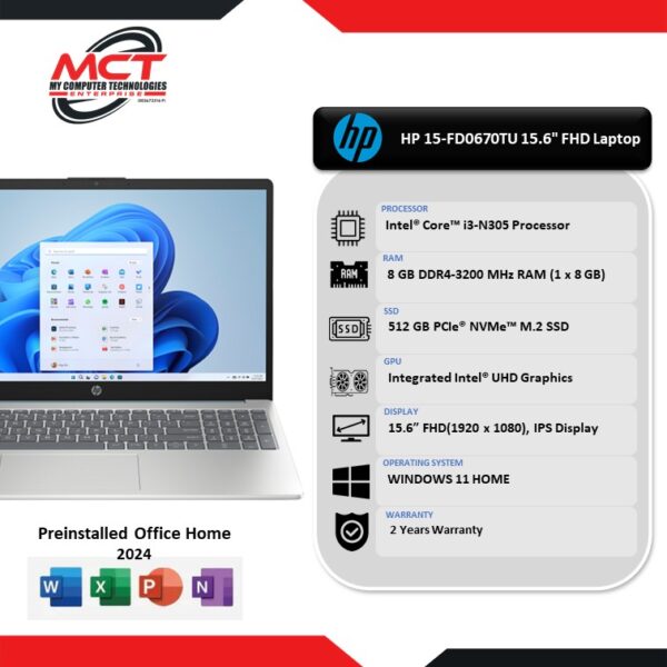 HP 15-fd0670TU 15.6" FHD Laptop Moonlight Blue ( i3-N305, 8GB DDR4, 512GB SSD, Intel, W11, 2Y )