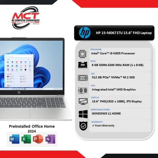 HP 15-fd0671TU 15.6" FHD Laptop Diamond White ( i3-N305, 8GB DDR4, 512GB SSD, Intel, W11, 2Y)