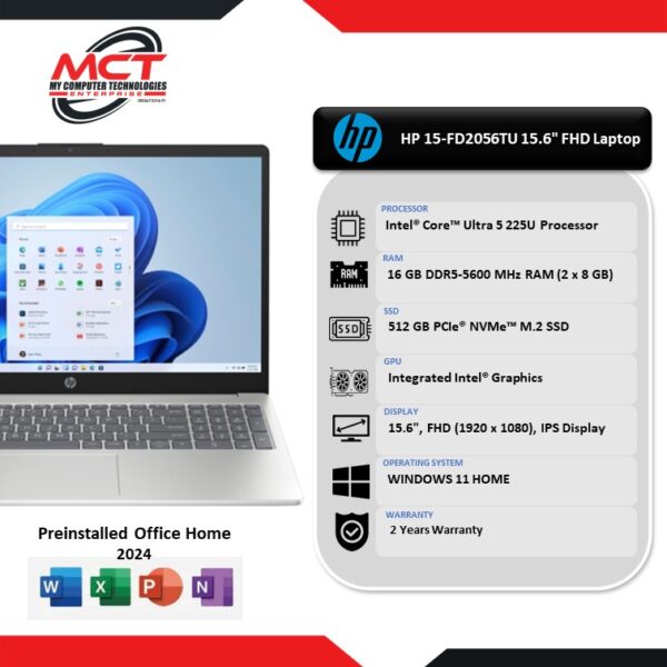 HP AI 15-fd2056TU 15.6" FHD Laptop Natural Silver ( CU5-225U, 16GB DDR5, 512GB SSD, Intel , W11, HS, 2Y )