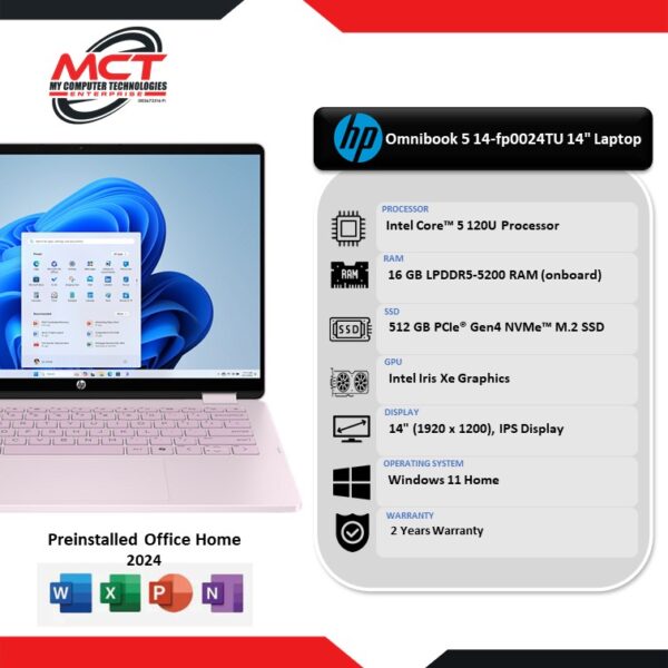 Omnibook 5 Flip 14-fp0024TU 14" 2K Laptop Pink color ( C5-120U, 16GB LPDDR5, 512GB SSD, IRIS XE, W11, 2Y )