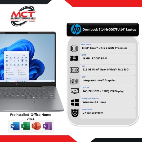 Omnibook 7 14-fr0007TU 14" 2K Laptop Silver Color ( C5-225U, 16GB LPDDR5, 512GB SSD, INTEGRATED, W11, 2Y )