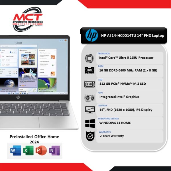 HP AI 14-hc0014TU 14" FHD Laptop Natural Silver ( CU5-225U, 16GB DDR5, 512GB SSD, Intel , W11, HS,2Y )