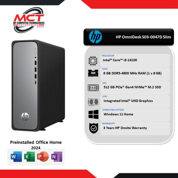 HP OmniDesk S03-0047D Slim Desktop PC (i3-14100, 8GB DDR5, 512GB SSD, Intel, W11, HS+M365, 3Y)