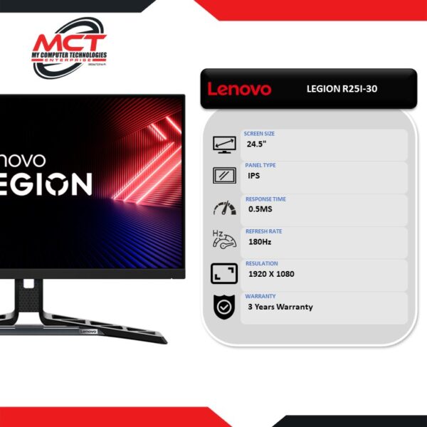 Lenovo Legion R25i-30 24.5" IPS 180Hz Gaming Monitor (1920 X 1080/24.5"/IPS/0.5MS/180HZ/3 YEARS WARRANTY)