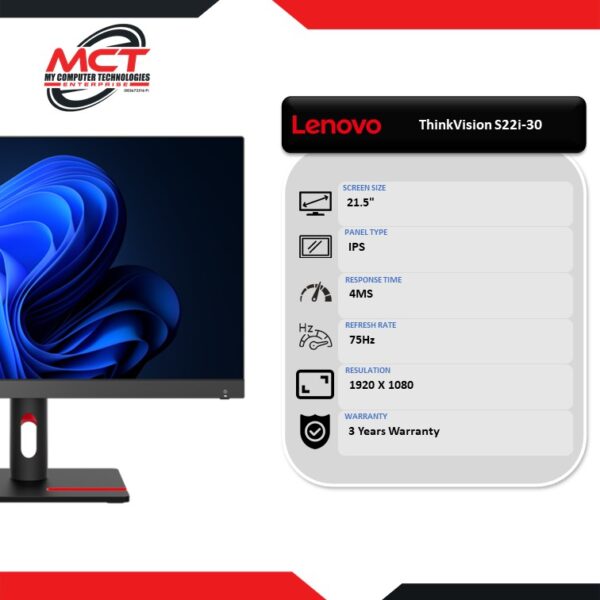 Lenovo ThinkVision S22i-30 21.5" FHD 75Hz Monitor (1920 X 1080/21.5"/IPS/4MS/75HZ/3 YEARS WARRANTY)
