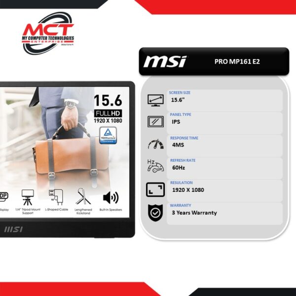 MSI PRO MP161 E2 15.6" IPS FHD Portable Monitor (1920 X 1080/15.6"/IPS/4MS/60HZ/3 YEARS WARRANTY)